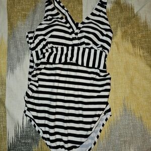 Motherhood Maternity Black and White Striped One-Piece Swimsuit